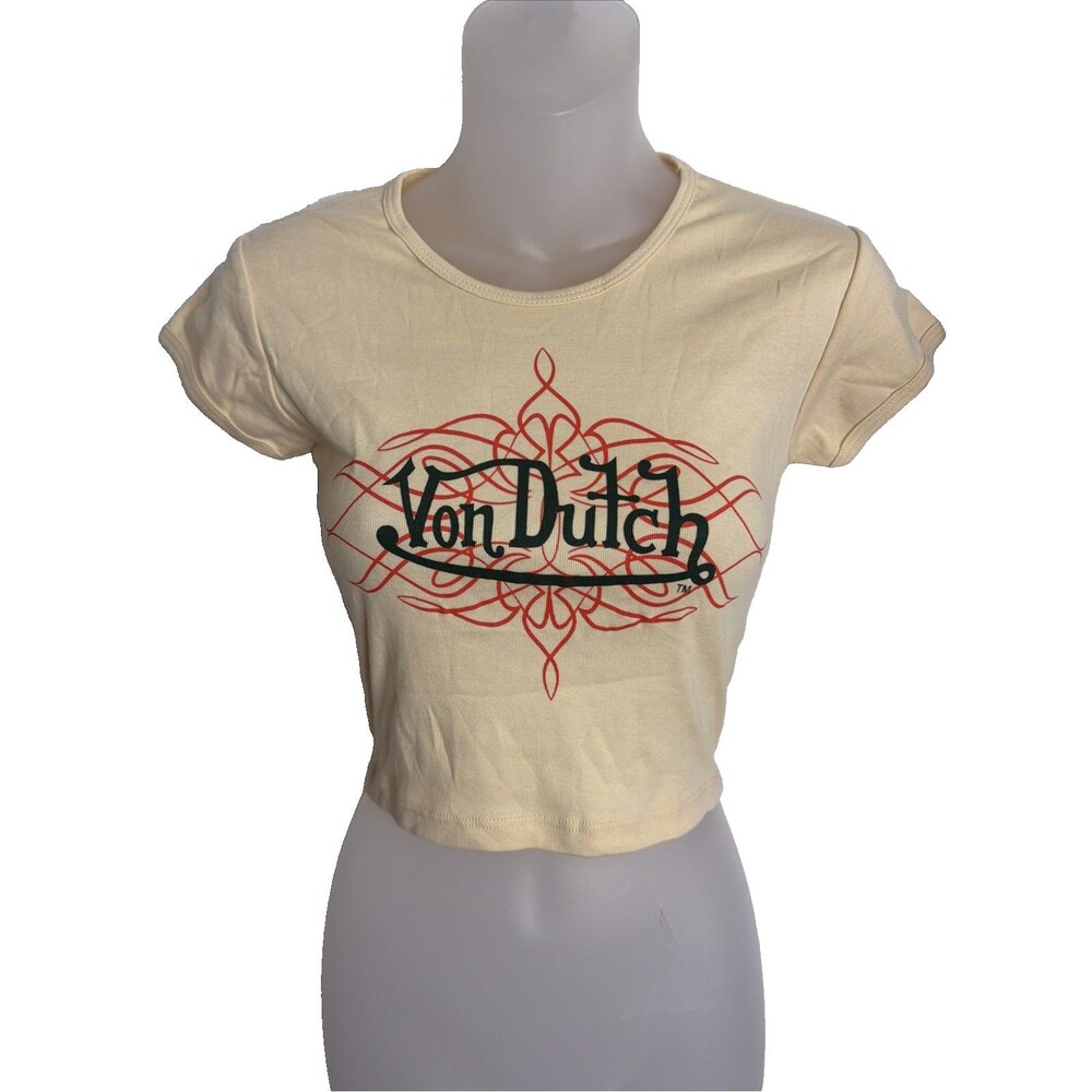 Von Dutch Baby Tee Women's XS Butter Yellow Y2K Logo LA Apparel Cotton USA NWOT
